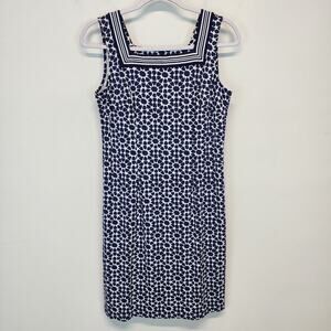 Talbots Sleeveless Geo Dress Size SP Blue White Square Neck Stretch Jersey